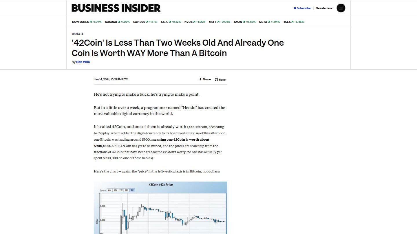 Business Insider article about 42-coin showing it was worth more than Bitcoin