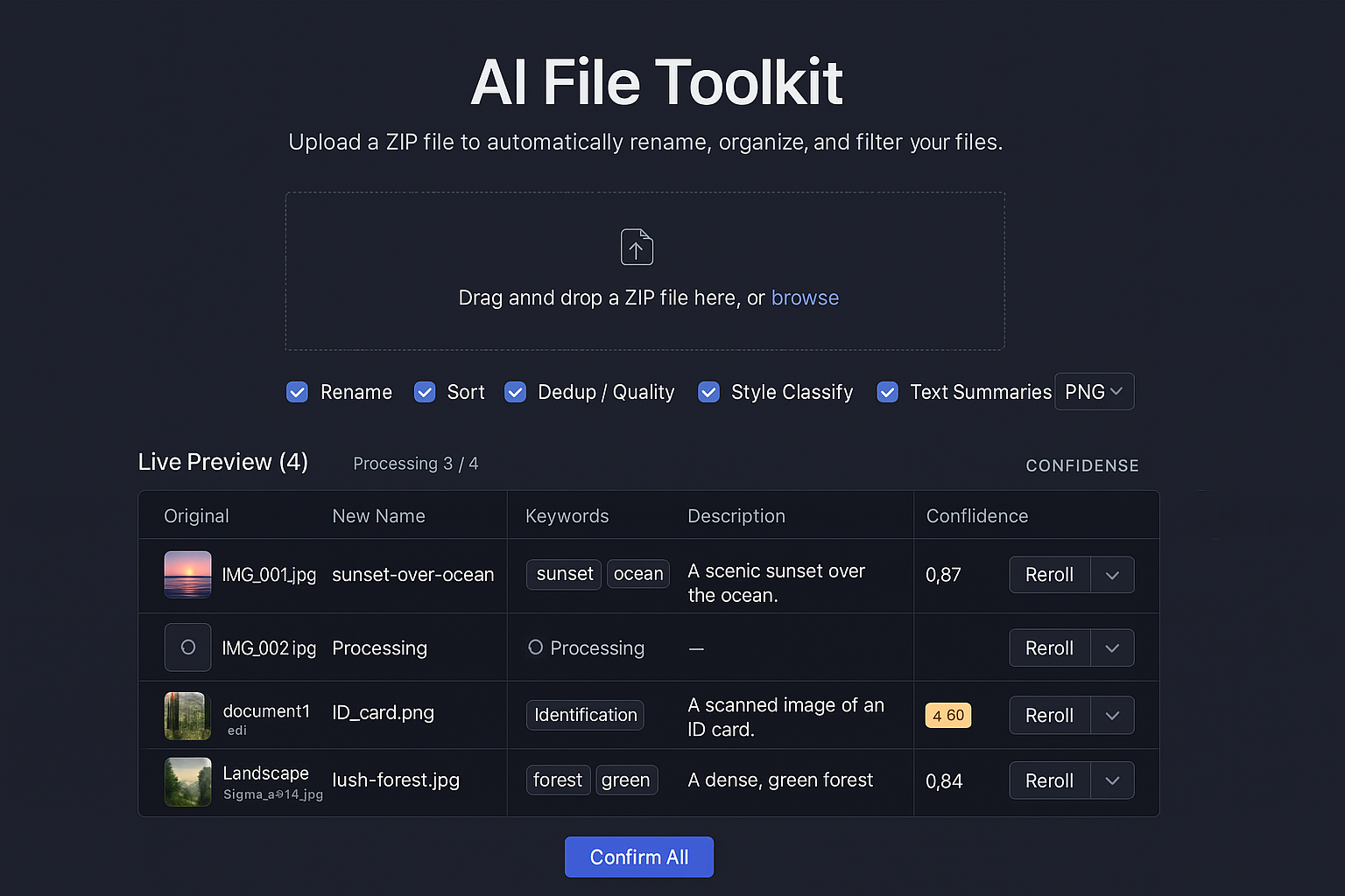 AI File Toolkit interface showing file upload, processing options, and live preview table