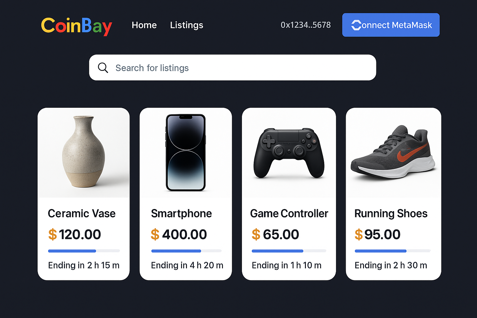 CoinBay decentralized marketplace showing product listings with MetaMask integration